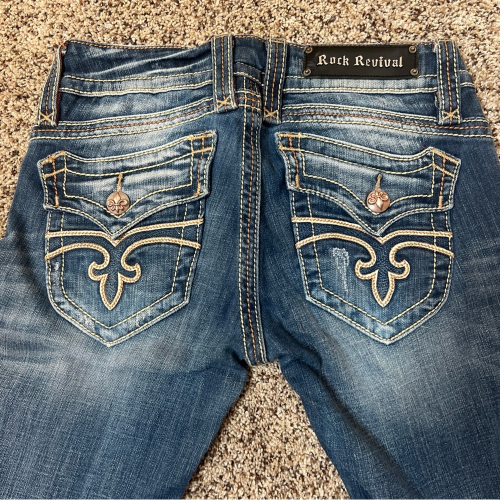 Rock Revival Jeans Boot Cut Whiskering Abrasion Stitching Raw Hem Christina 02